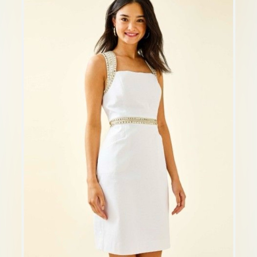 Lilly Pulitzer Dana Stretch White Shift Dress, Size2 Embroidery/Sequins